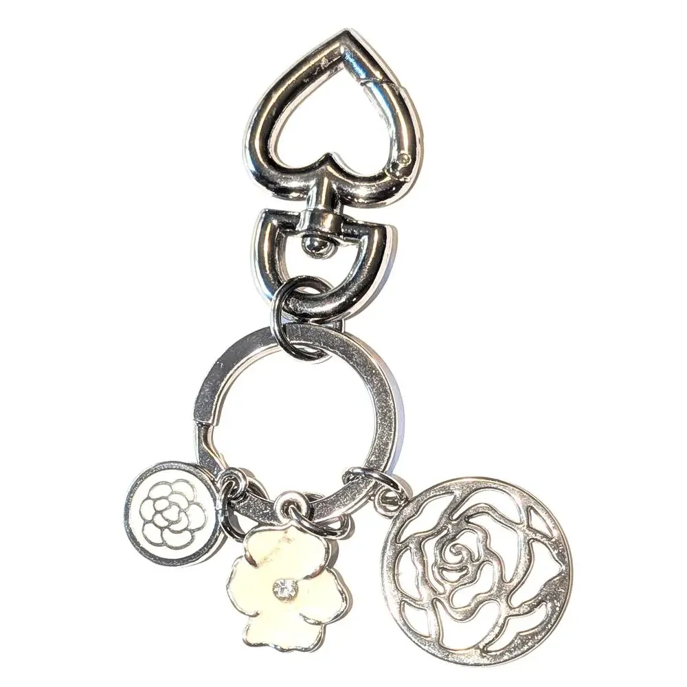Camellia Flowers Silver Tone Floral Bag Charm Key Chain with Heart Clasp
